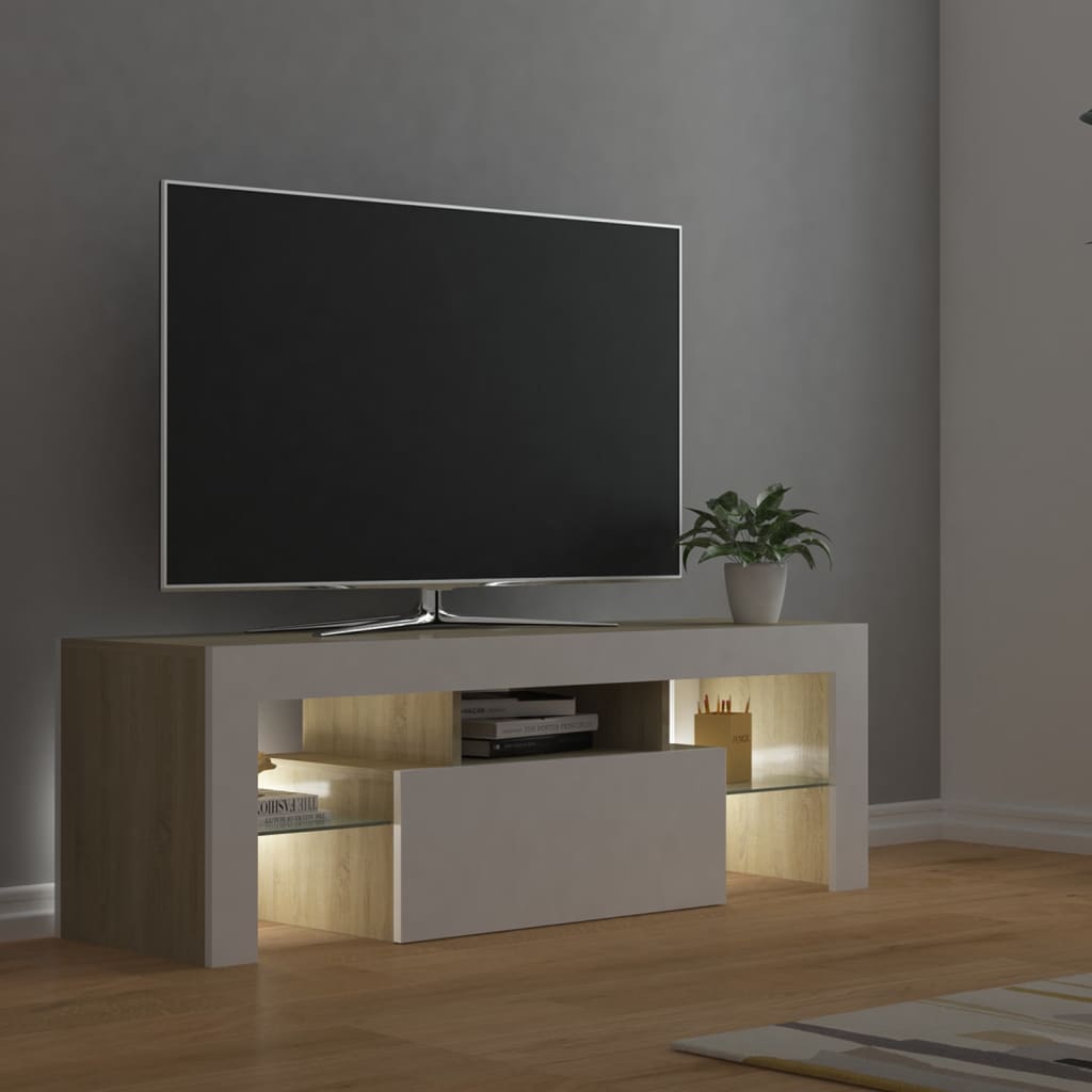 vidaXL Meuble TV avec lumières LED blanc et chêne sonoma 120x35x40 cm
