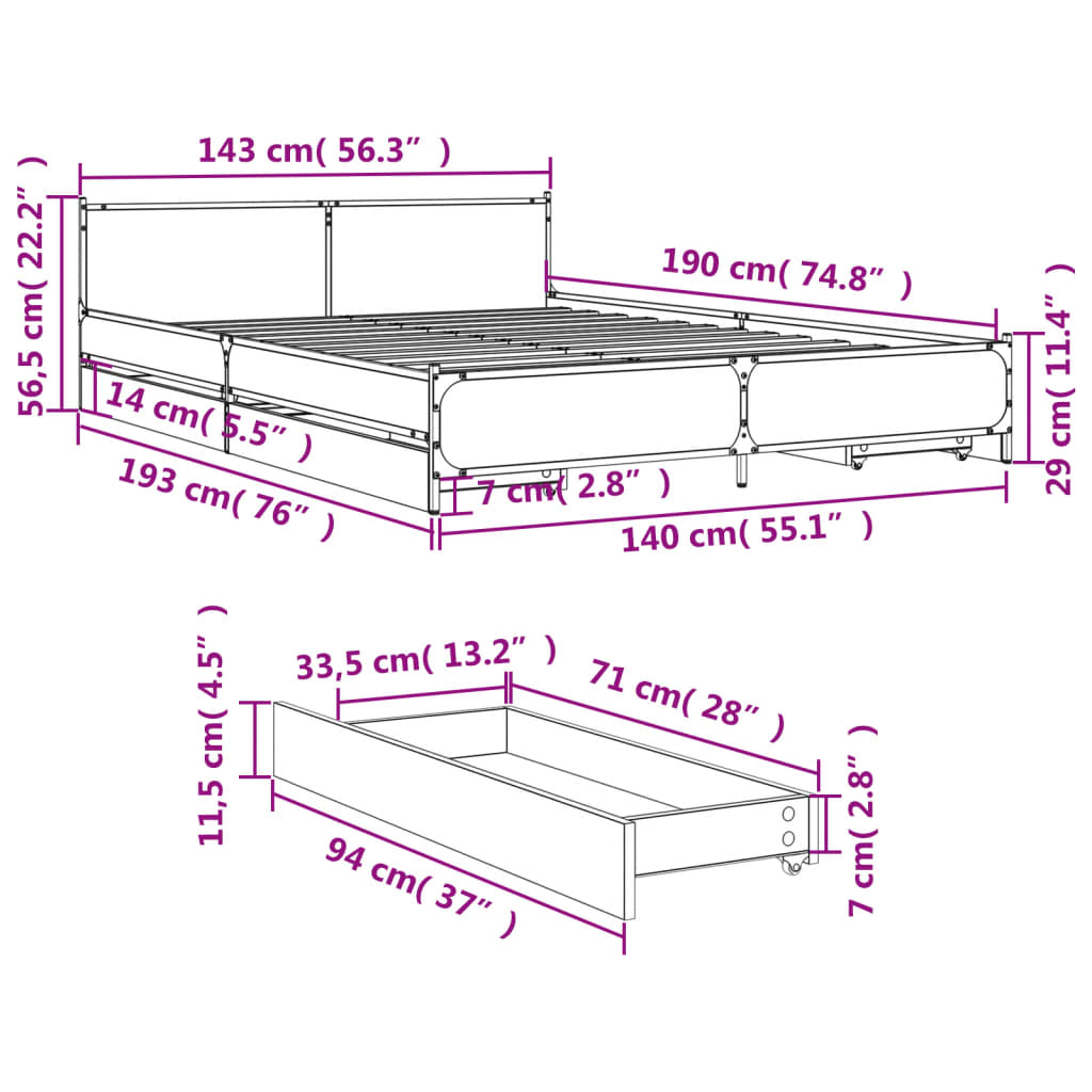 vidaXL Cadre de lit avec tiroirs sans matelas chêne marron 140x190 cm