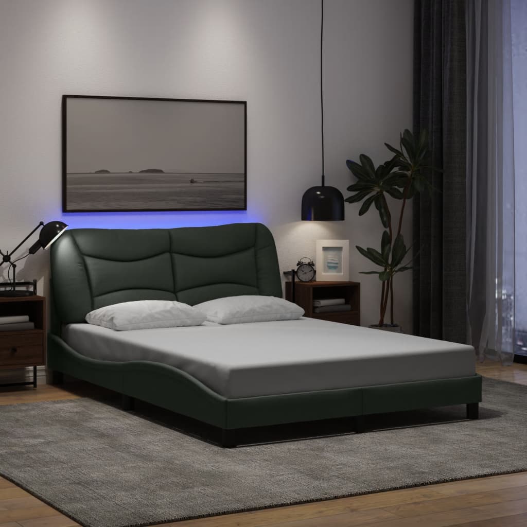 vidaXL Cadre de lit avec lumières LED gris foncé 140x190 cm tissu
