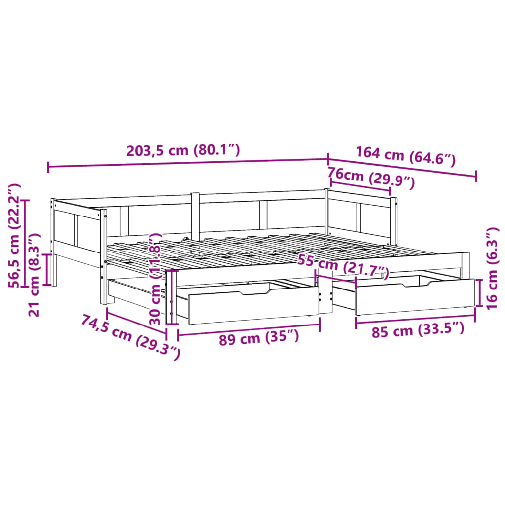 vidaXL Lit de jour avec gigogne et tiroirs sans matelas 80x200 cm