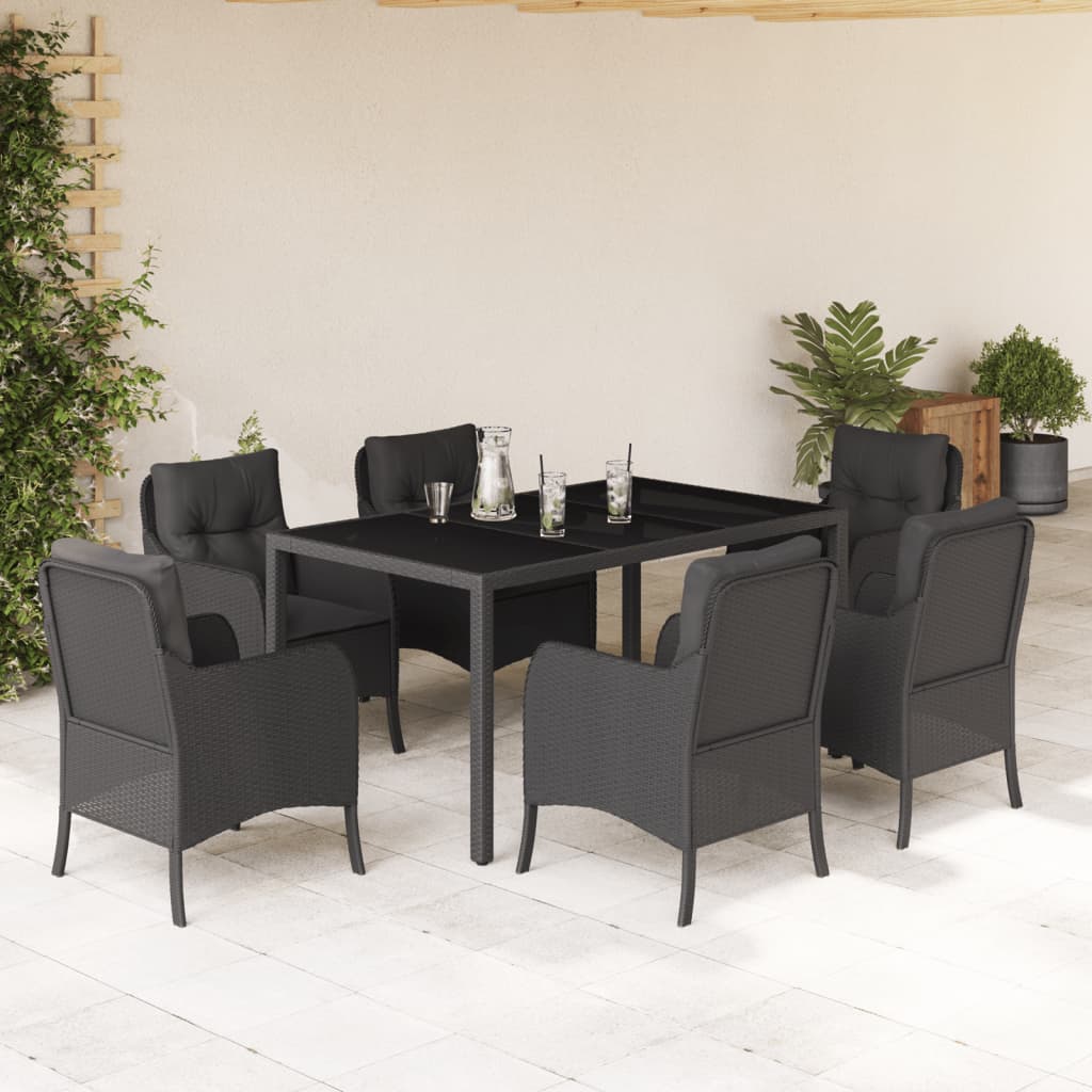 vidaXL Ensemble à manger de jardin coussins 7pcs Noir Résine tressée