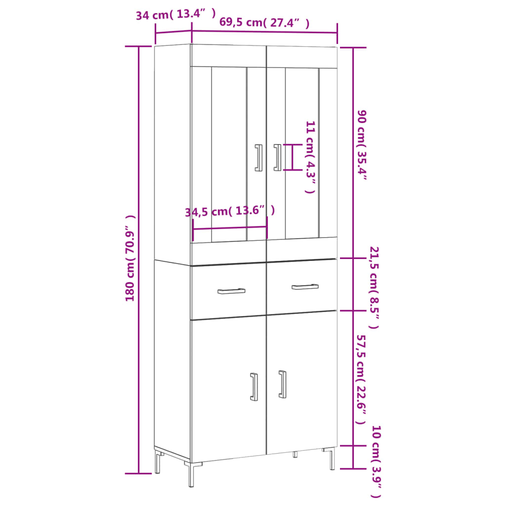 vidaXL Buffet haut Gris béton 69,5x34x180 cm Bois d'ingénierie