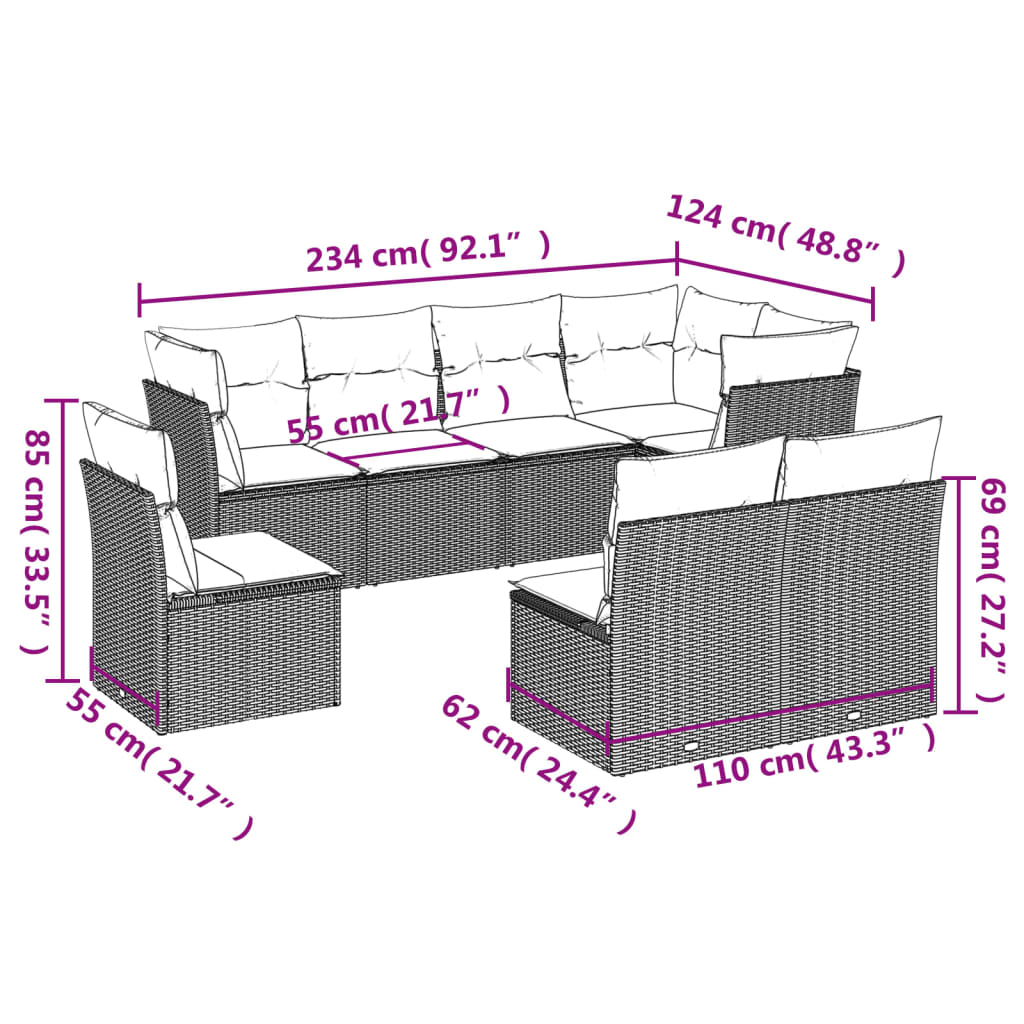 vidaXL Salon de jardin 8 pcs avec coussins noir résine tressée