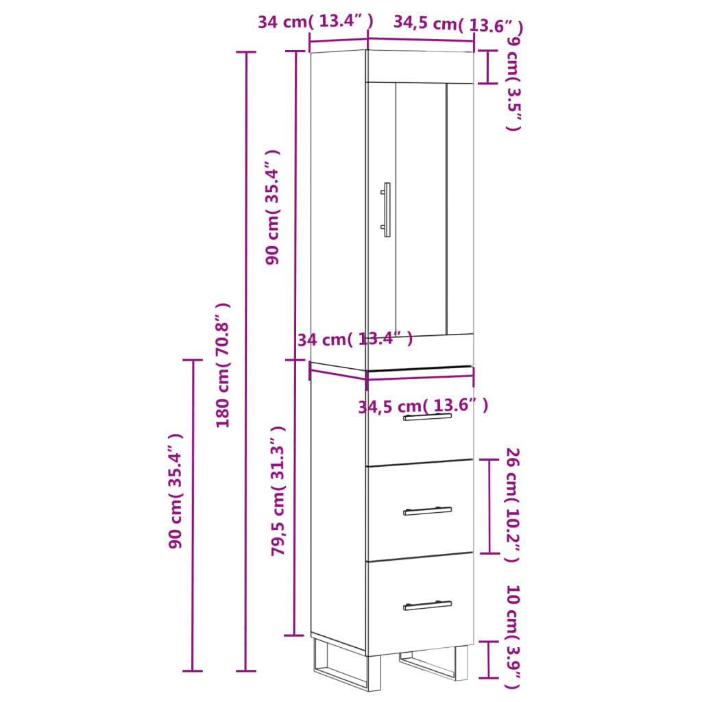 vidaXL Buffet haut Sonoma gris 34,5x34x180 cm Bois d'ingénierie