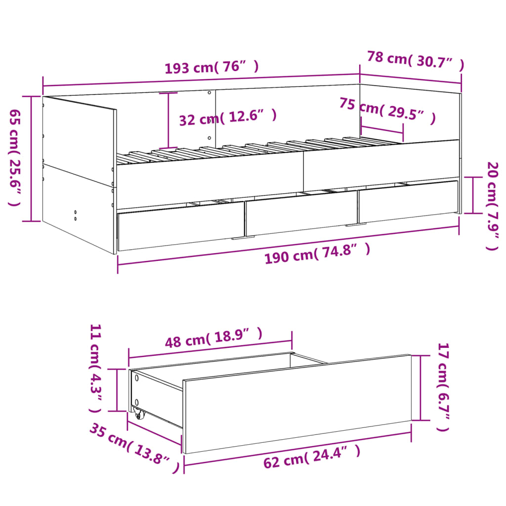 vidaXL Lit de jour avec tiroirs sans matelas chêne marron 75x190 cm