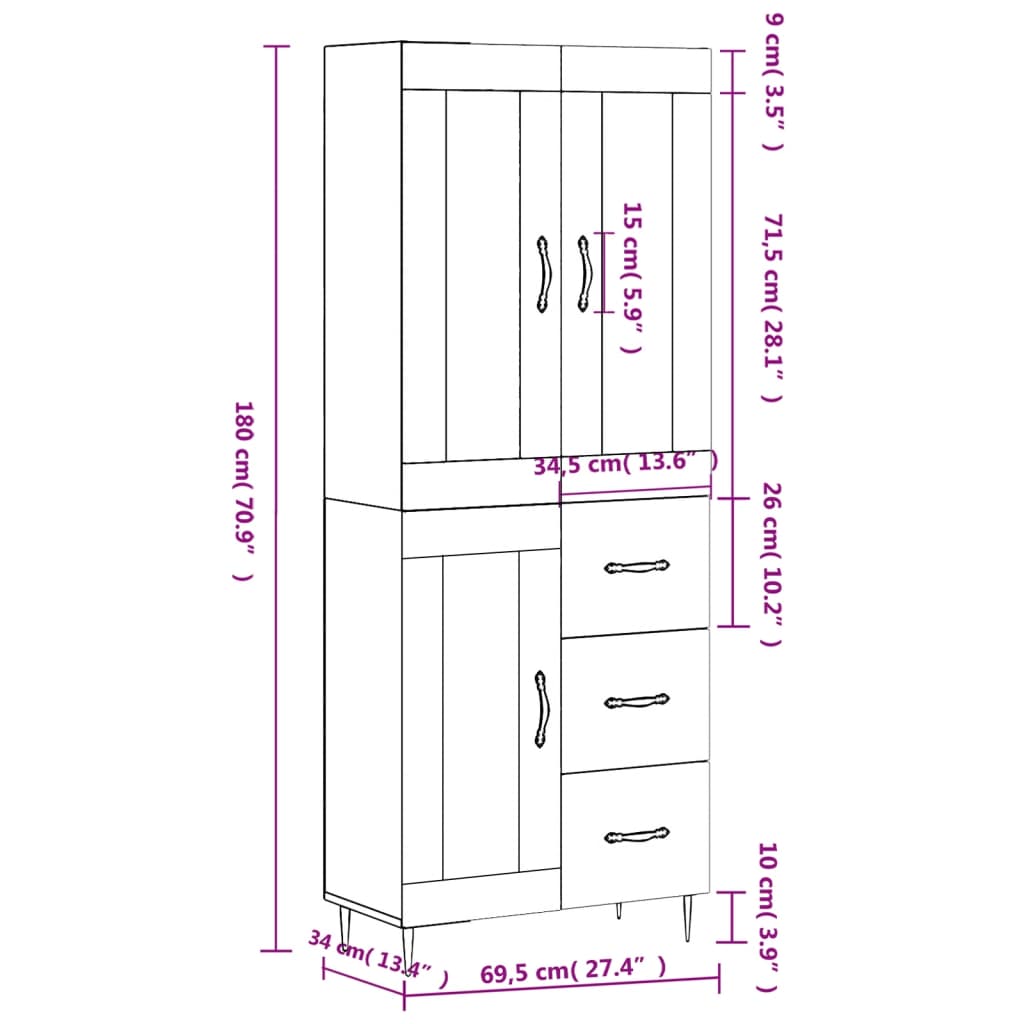 vidaXL Buffet haut Blanc 69,5x34x180 cm Bois d'ingénierie