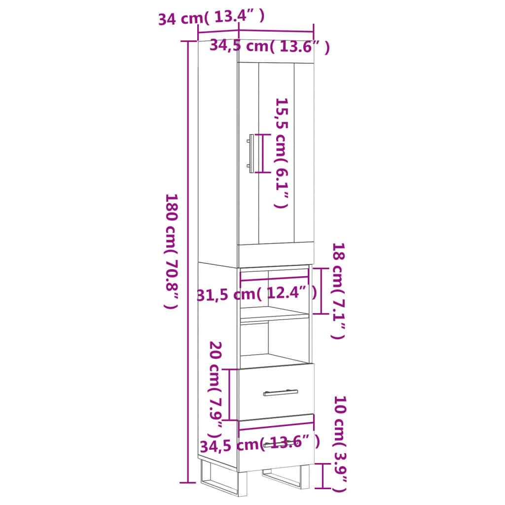 vidaXL Buffet haut Chêne fumé 34,5x34x180 cm Bois d'ingénierie