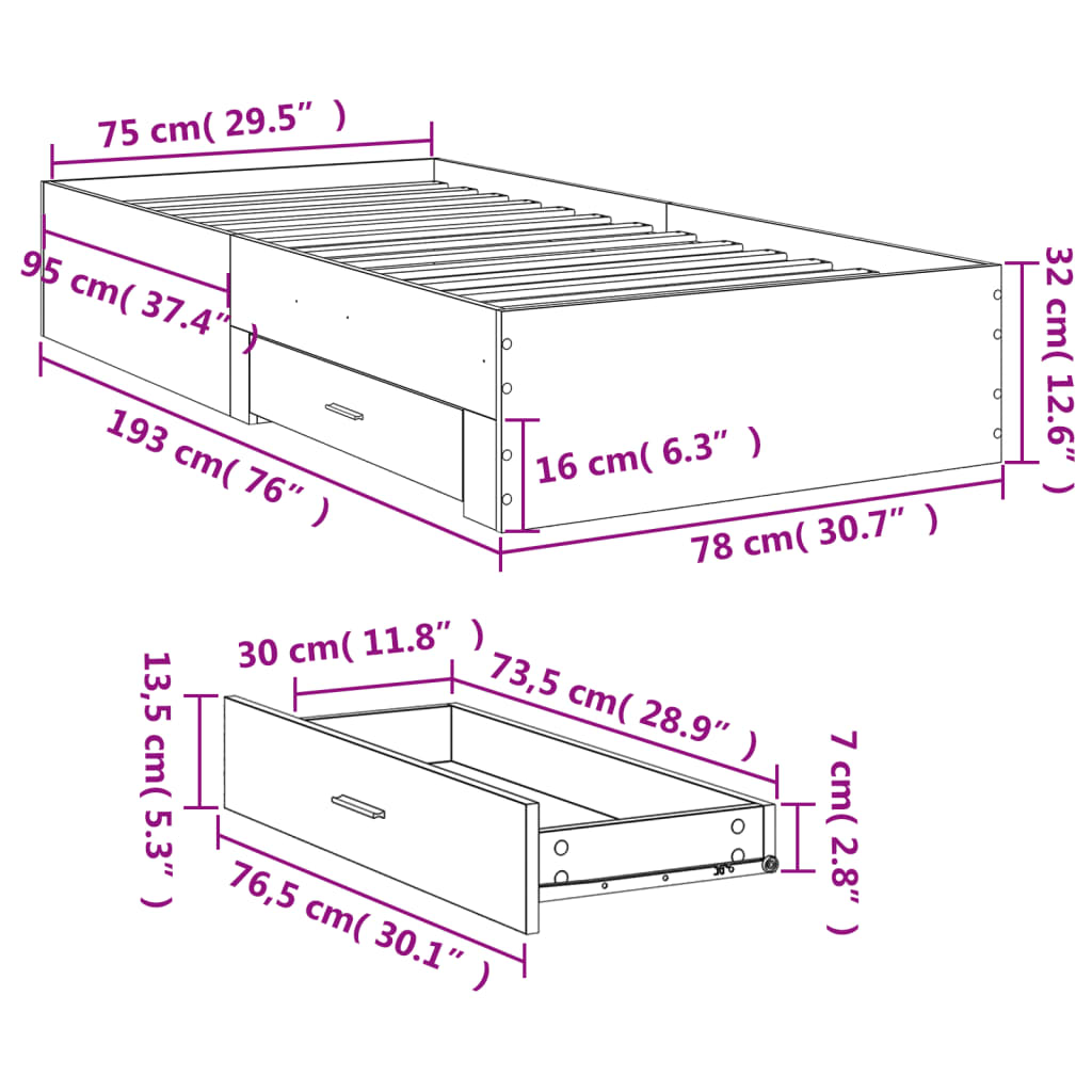 vidaXL Cadre de lit et tiroirs chêne sonoma 75x190cm bois d'ingénierie