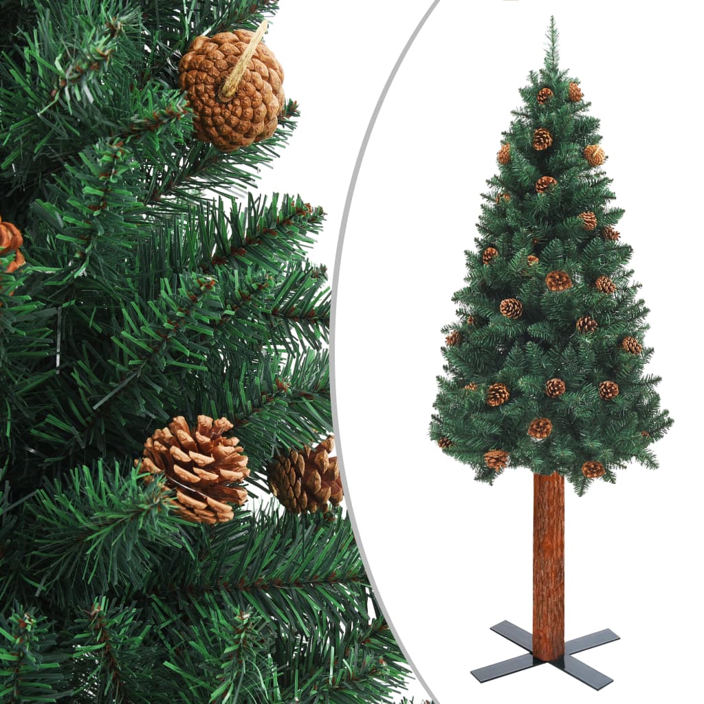 vidaXL Sapin de Noël mince avec bois véritable et cônes vert 180cm PVC