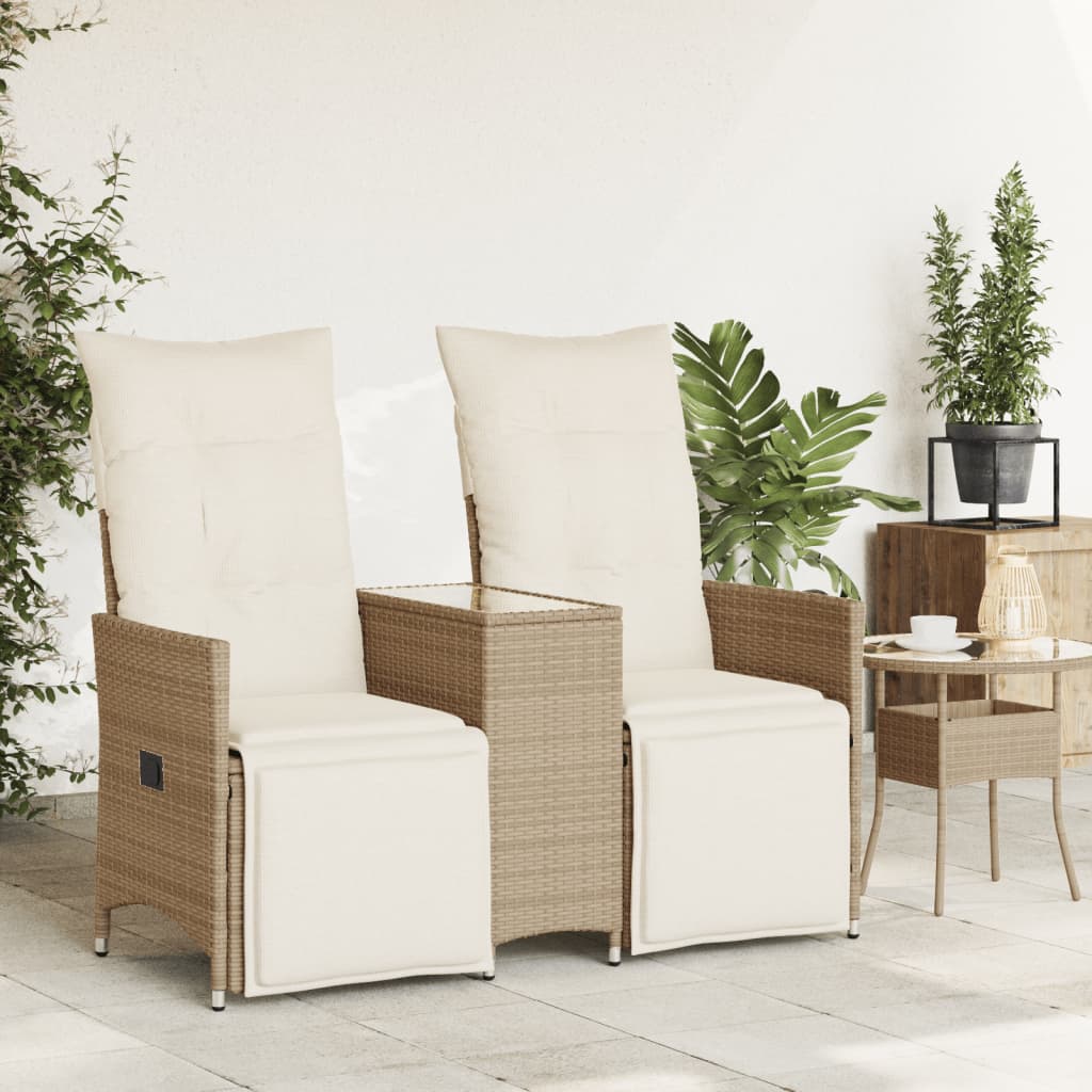 vidaXL Canapé de jardin inclinable 2 places avec table beige rotin