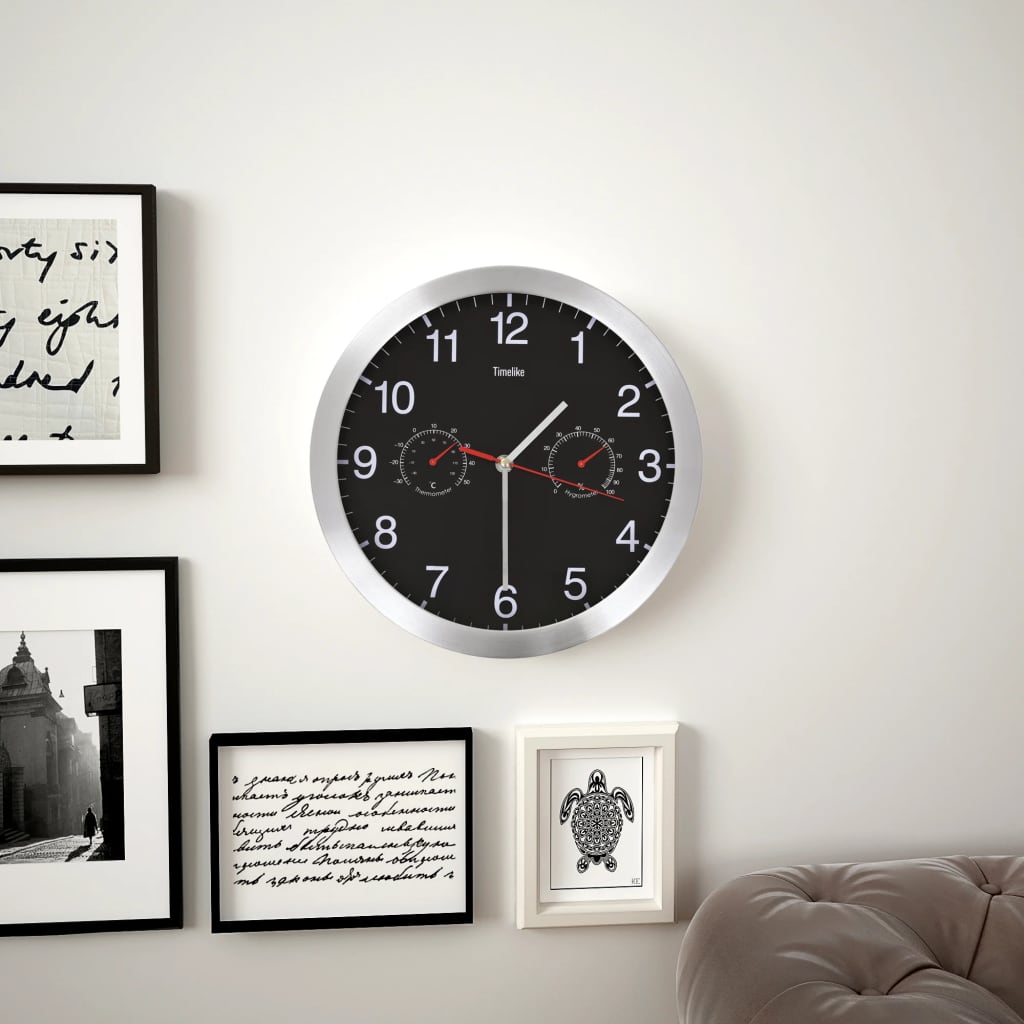 vidaXL Horloge murale à quartz Hygromètre et thermomètre 30 cm Noir
