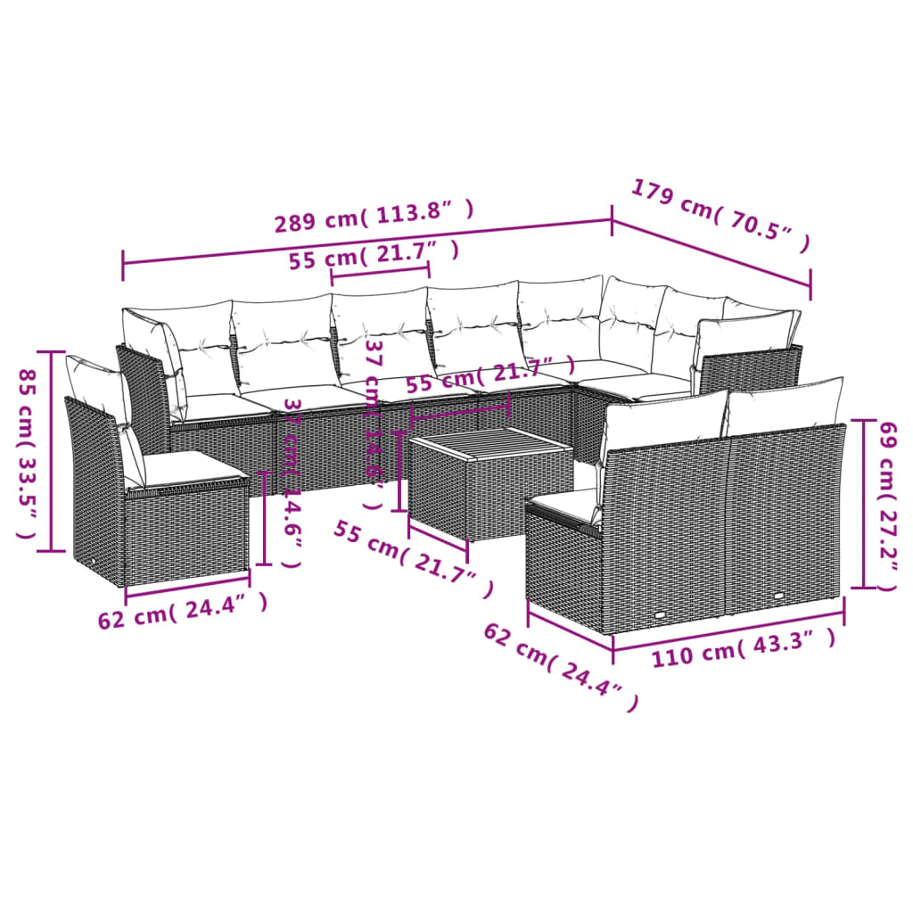 vidaXL Salon de jardin 11 pcs avec coussins noir résine tressée