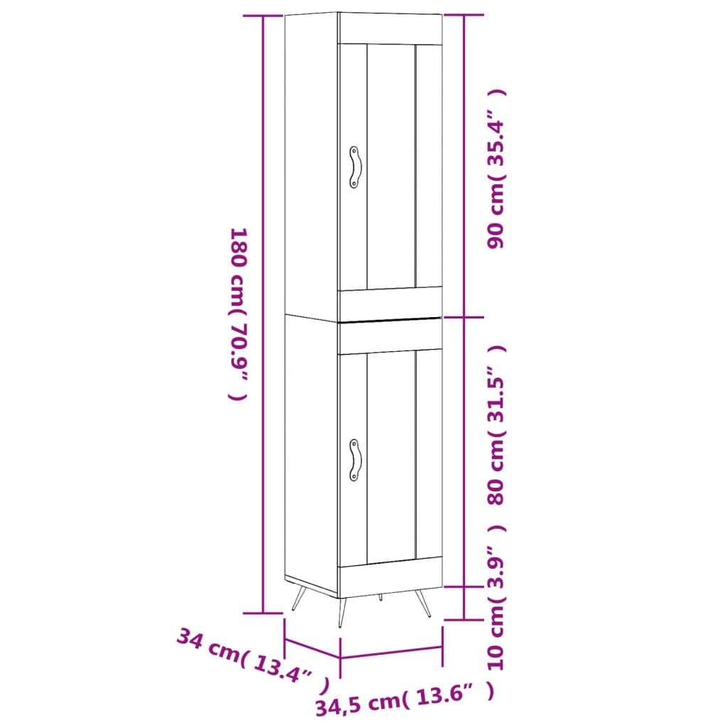 vidaXL Buffet haut Chêne marron 34,5x34x180 cm Bois d'ingénierie