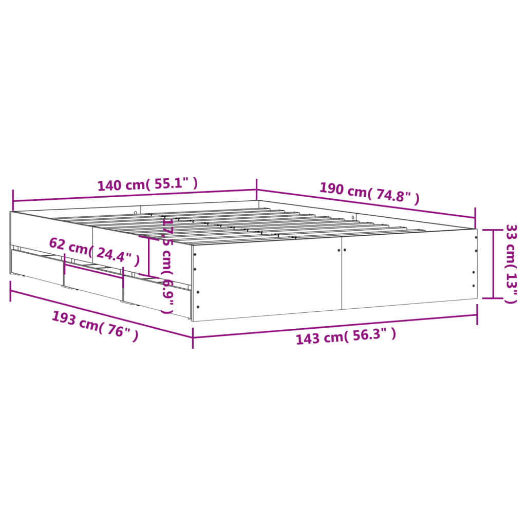 vidaXL Cadre de lit avec tiroirs sans matelas chêne marron 140x190 cm