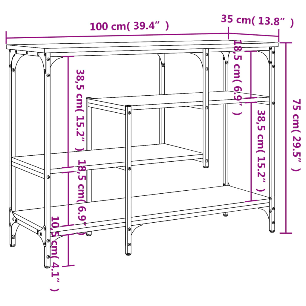 vidaXL Table console avec étagères sonoma gris 100x35x75 cm