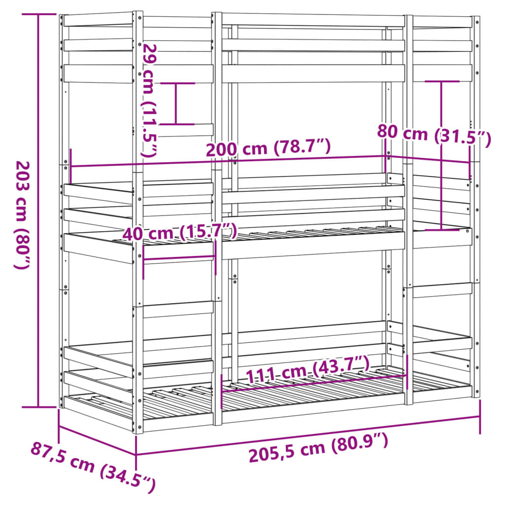 vidaXL Lit superposé triple sans matelas 80x200 cm bois de pin massif