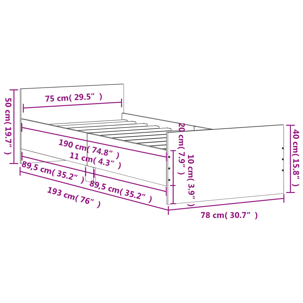 vidaXL Cadre de lit sans matelas blanc 75x190 cm bois d'ingénierie