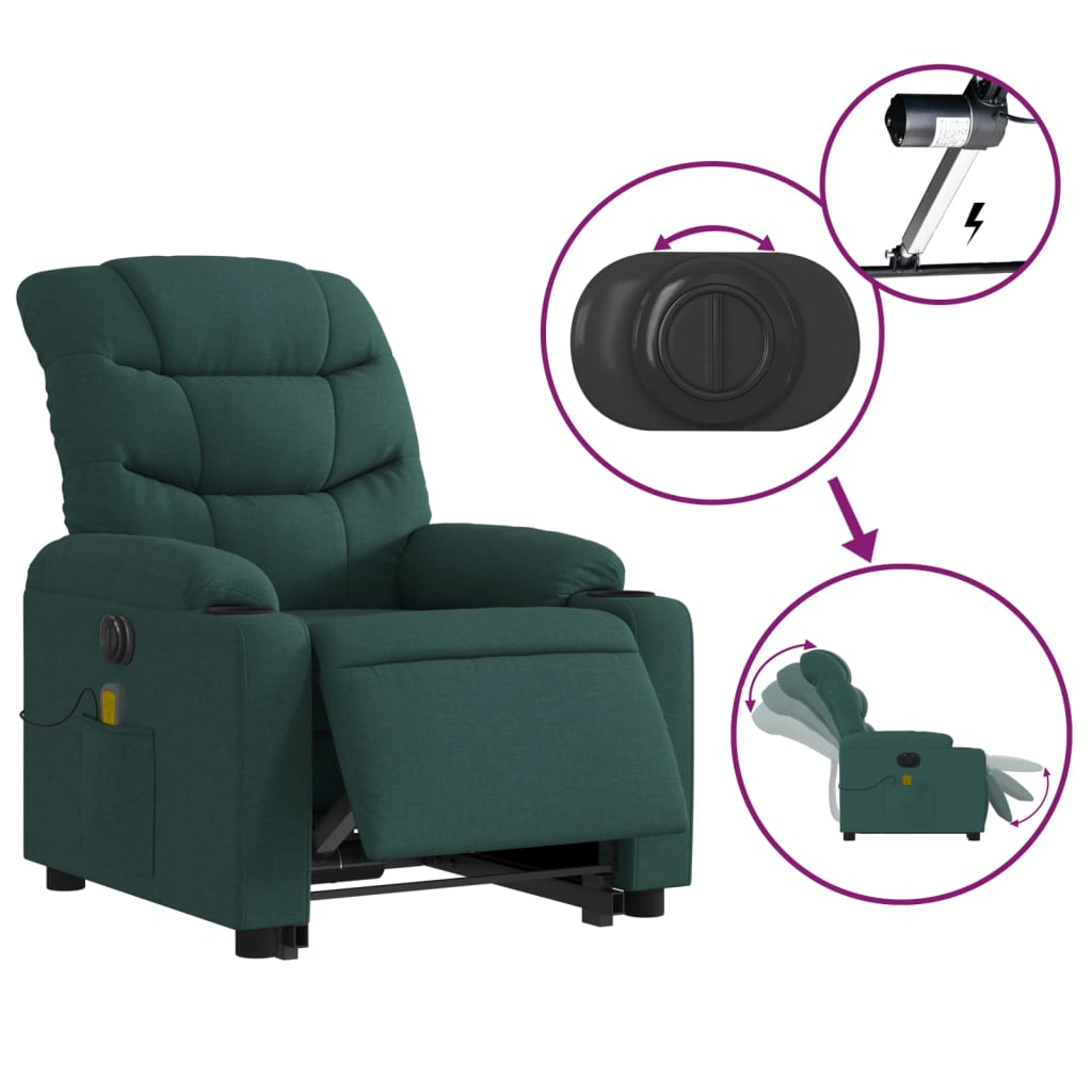 vidaXL Fauteuil inclinable de massage électrique Vert foncé Tissu