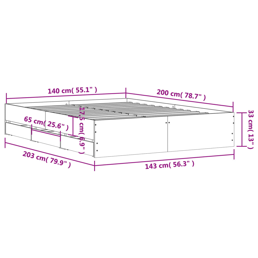 vidaXL Cadre de lit et tiroirs sonoma gris 140x200cm bois d'ingénierie