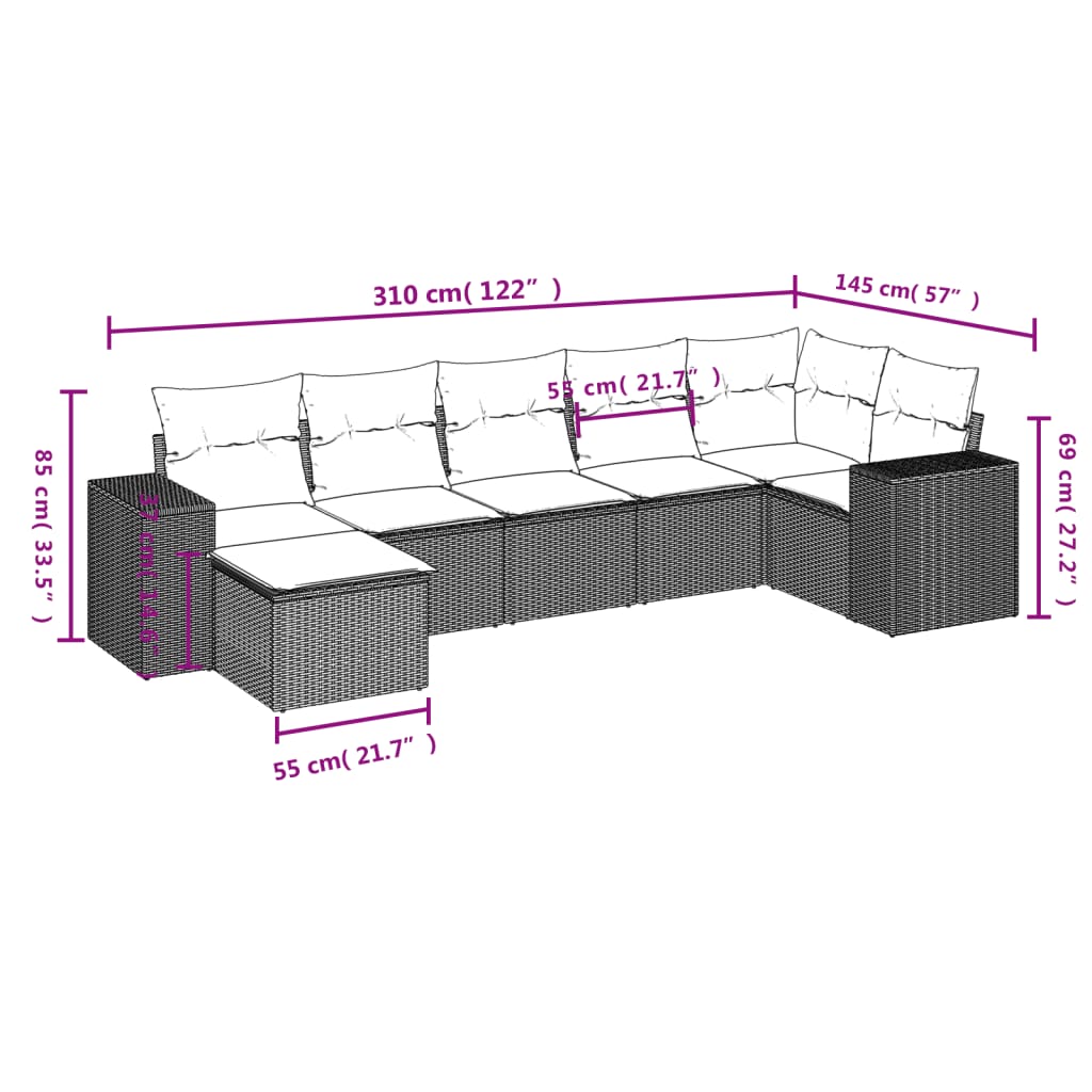 vidaXL Salon de jardin 7 pcs avec coussins noir résine tressée