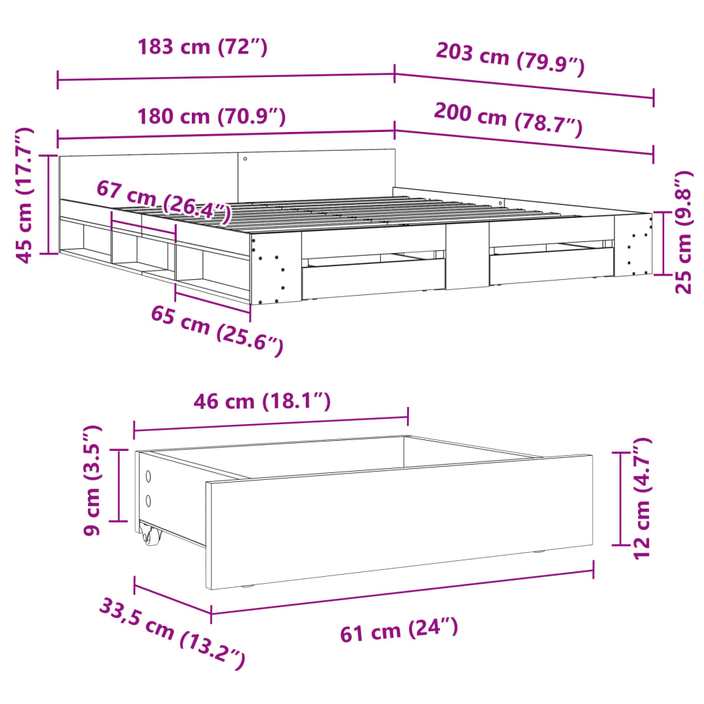 vidaXL Cadre de lit à tiroirs chêne sonoma 180x200cm bois d'ingénierie