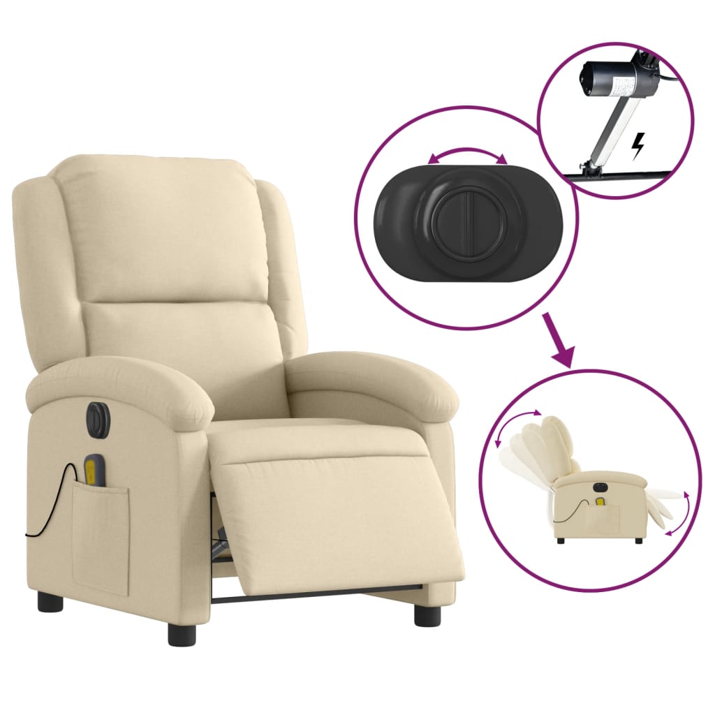 vidaXL Fauteuil inclinable de massage électrique crème tissu