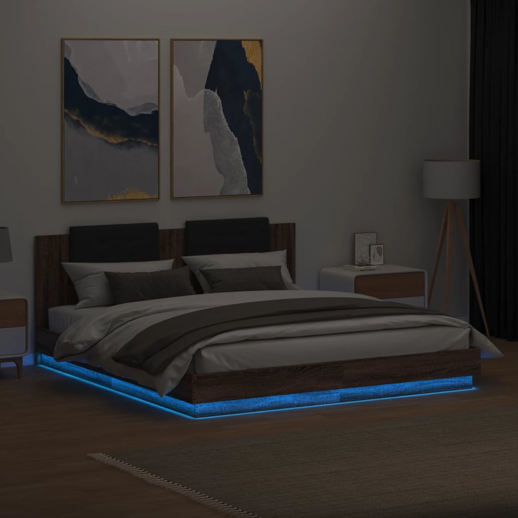 vidaXL Cadre de lit tête de lit et lumières LED chêne marron 160x200cm