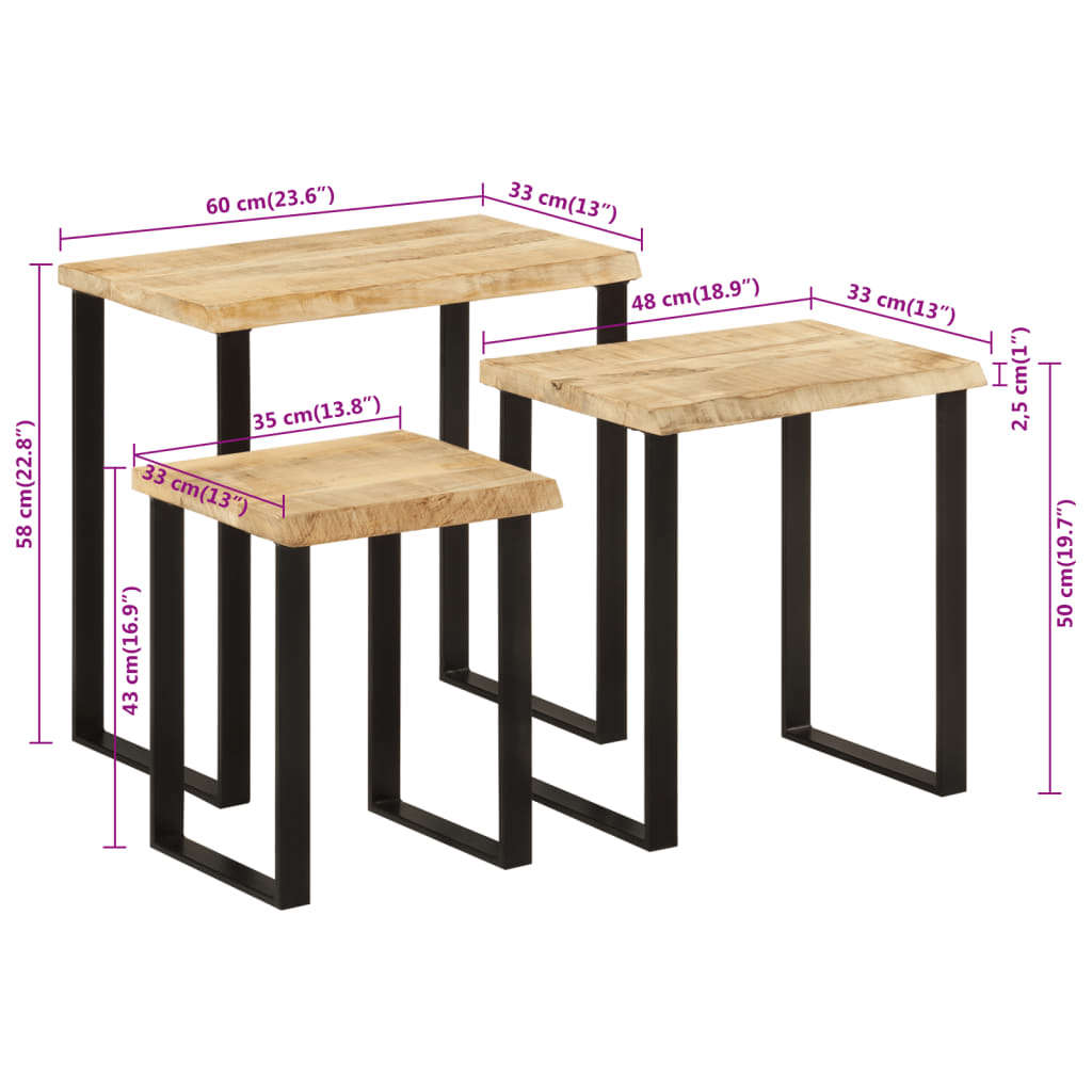 vidaXL Tables gigognes 3 pcs avec bord vivant bois de manguier massif