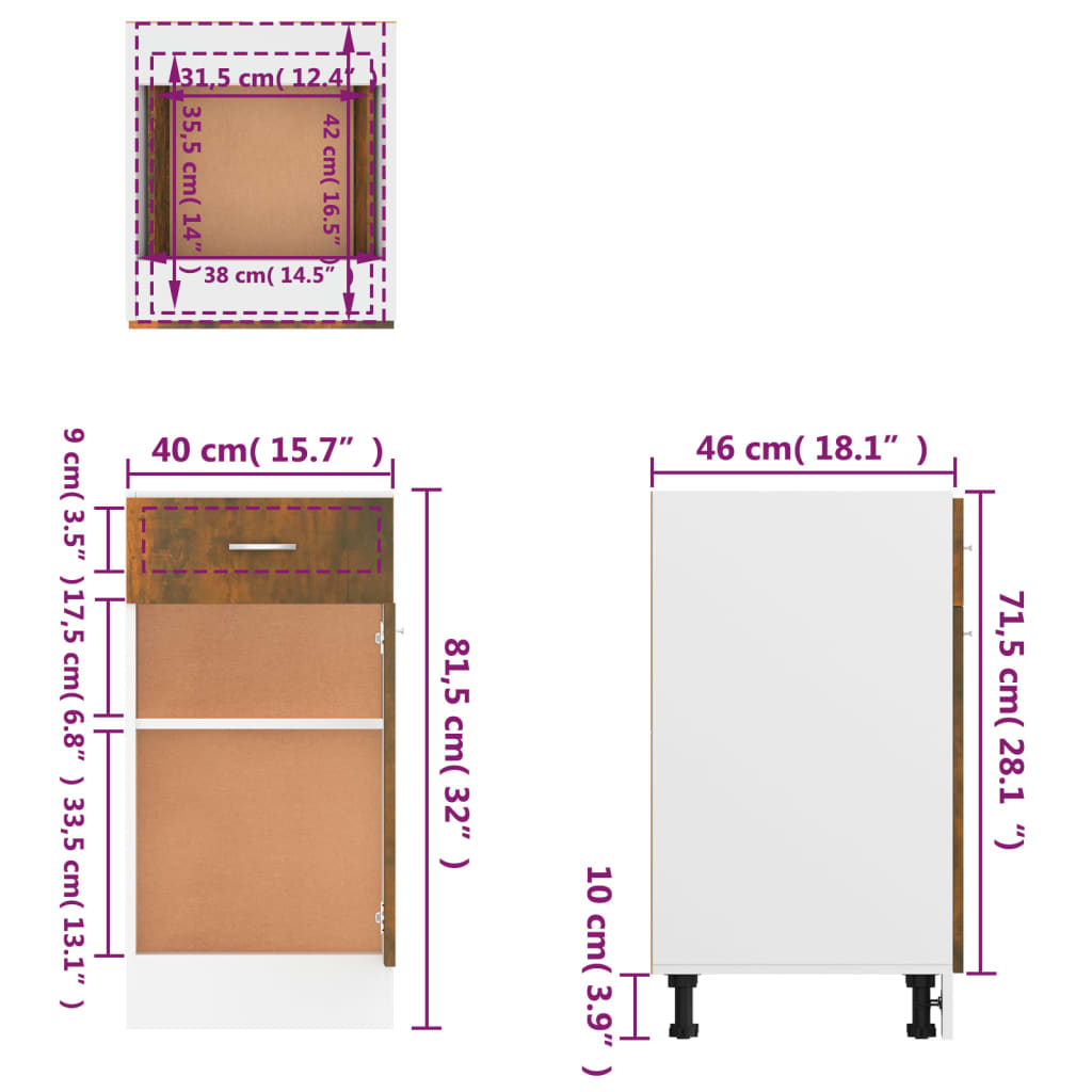 vidaXL Armoire de plancher à tiroir Chêne fumé 40x46x81,5 cm Bois