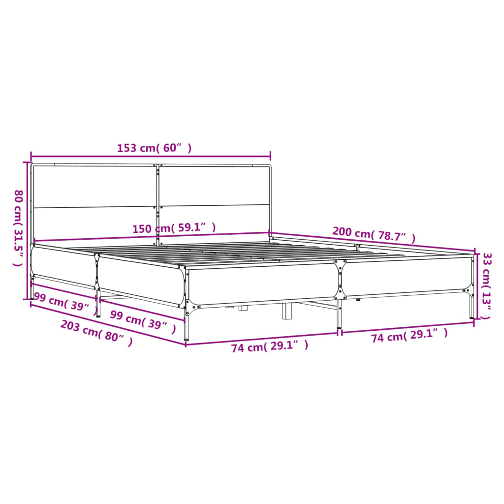 vidaXL Cadre de lit chêne fumé 150x200 cm bois d'ingénierie et métal