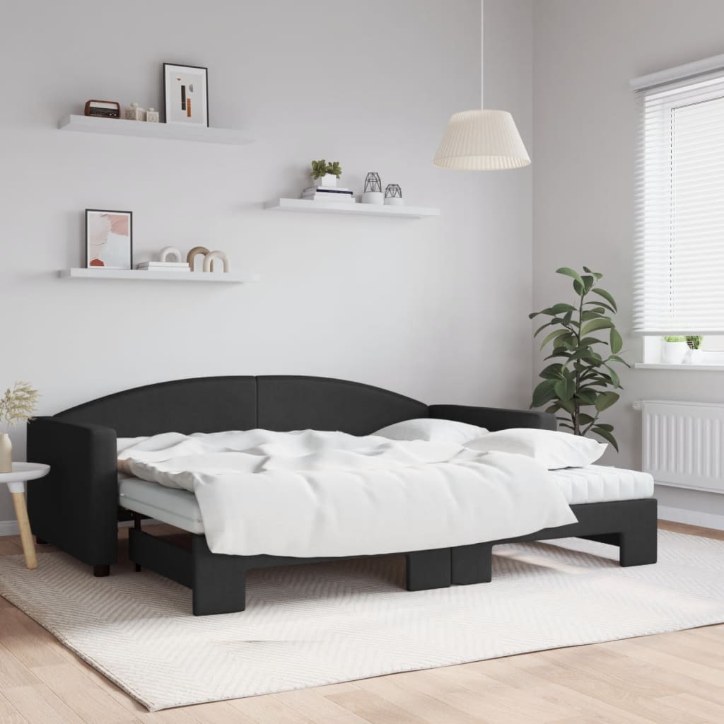 vidaXL Lit de jour avec gigogne et matelas noir 90x200 cm tissu