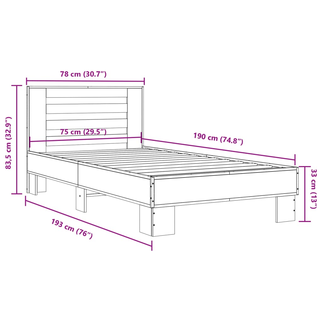 vidaXL Cadre de lit chêne marron 75x190 cm bois d'ingénierie et métal