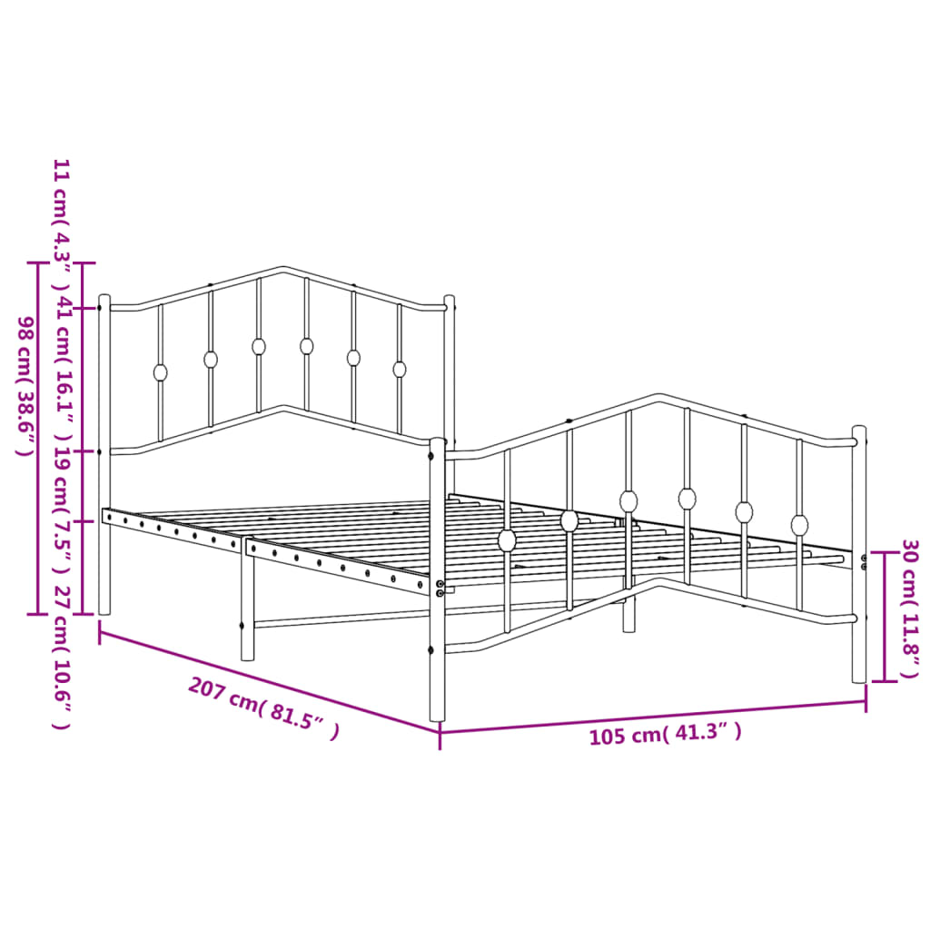 vidaXL Cadre de lit métal sans matelas et pied de lit noir 100x200 cm