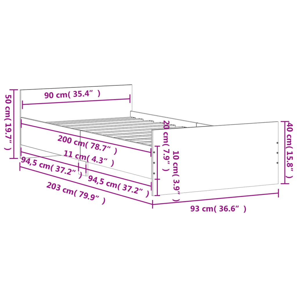 vidaXL Cadre de lit chêne fumé 90x200 cm bois d'ingénierie