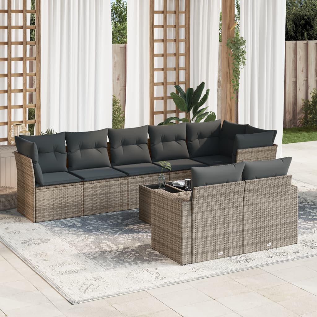 vidaXL Salon de jardin 9 pcs avec coussins gris résine tressée