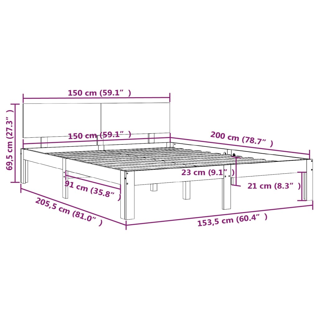 vidaXL Cadre de lit bois massif 150x200 cm très grand