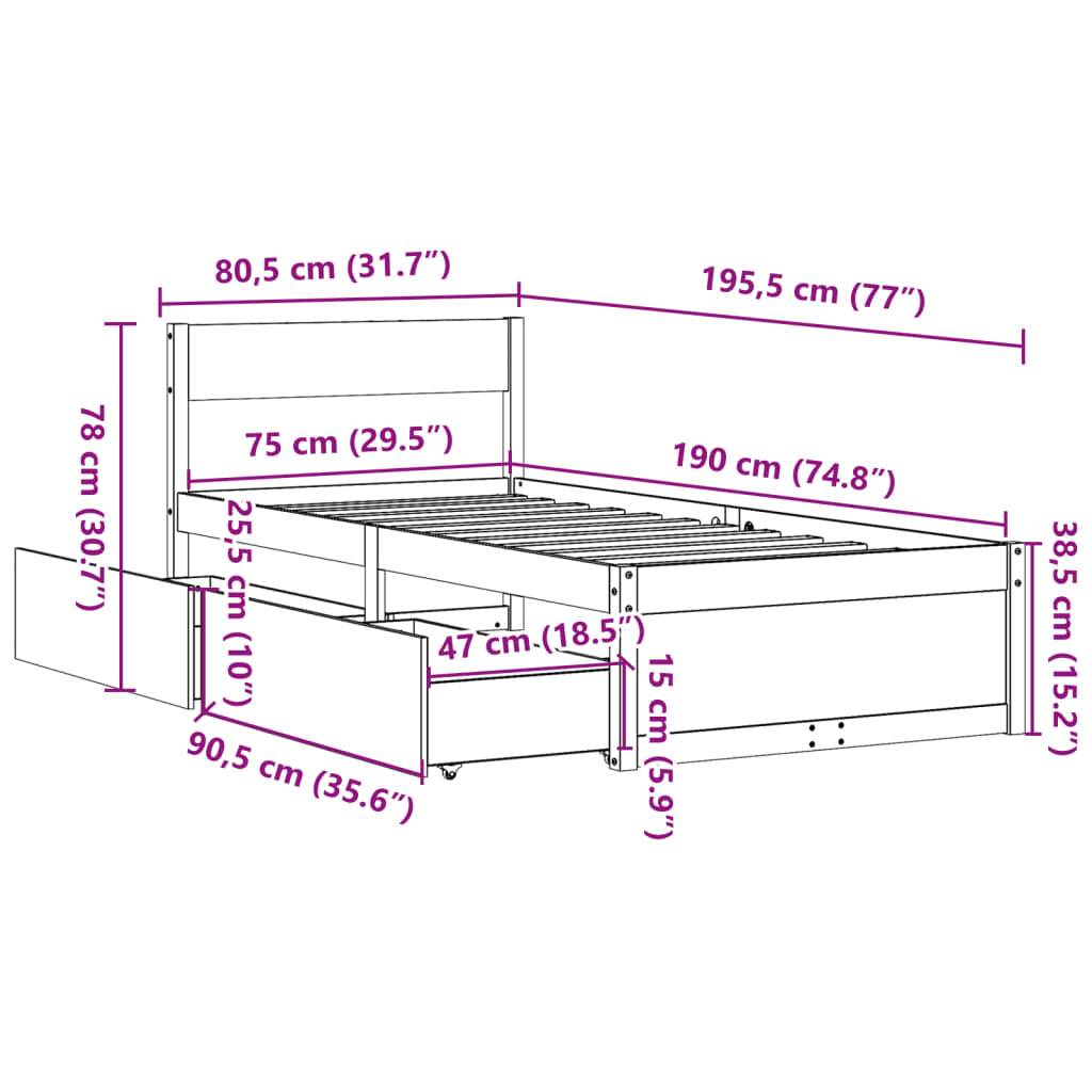 vidaXL Cadre de lit sans matelas blanc 75x190 cm bois de pin massif