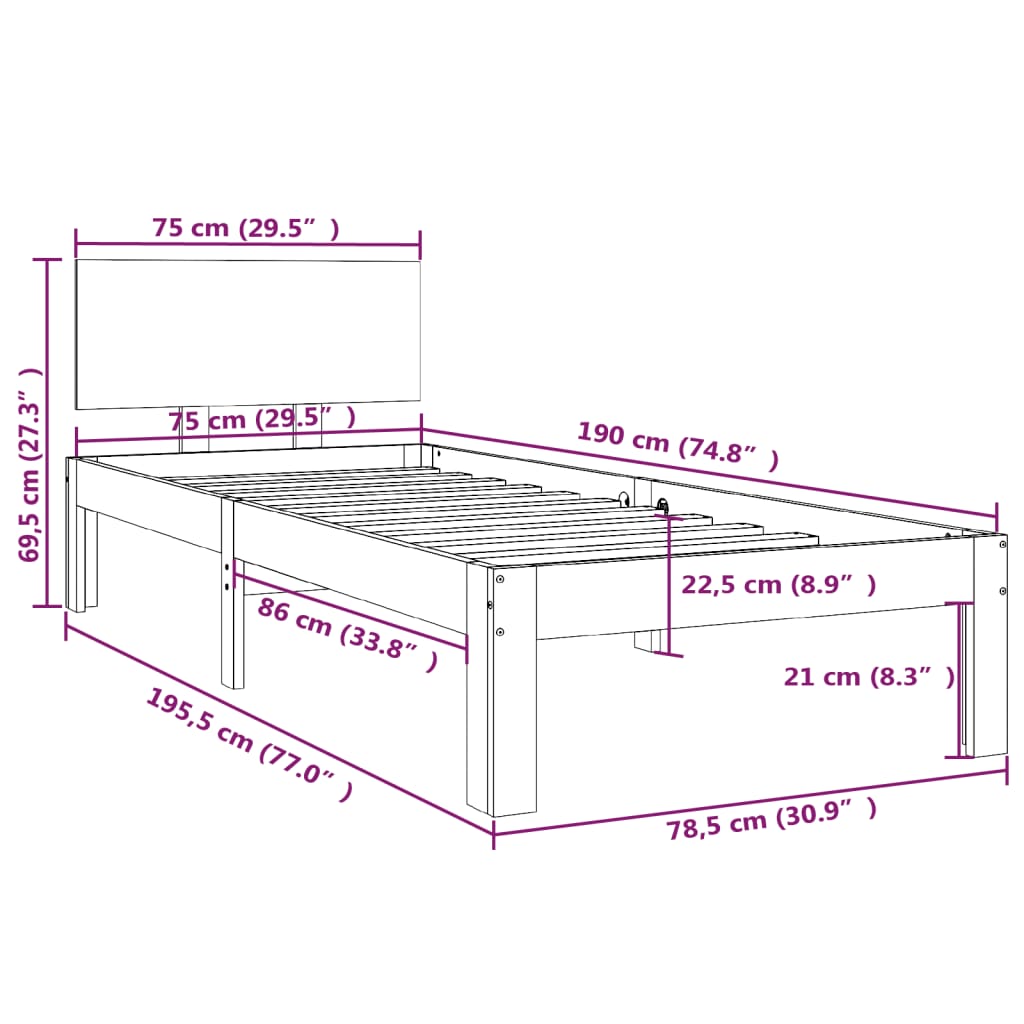 vidaXL Cadre de lit Blanc Bois massif 75x190 cm Petit simple