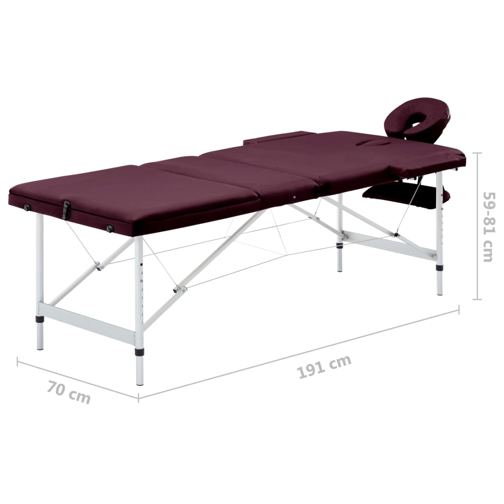vidaXL Table de massage pliable 3 zones Aluminium Violet vin