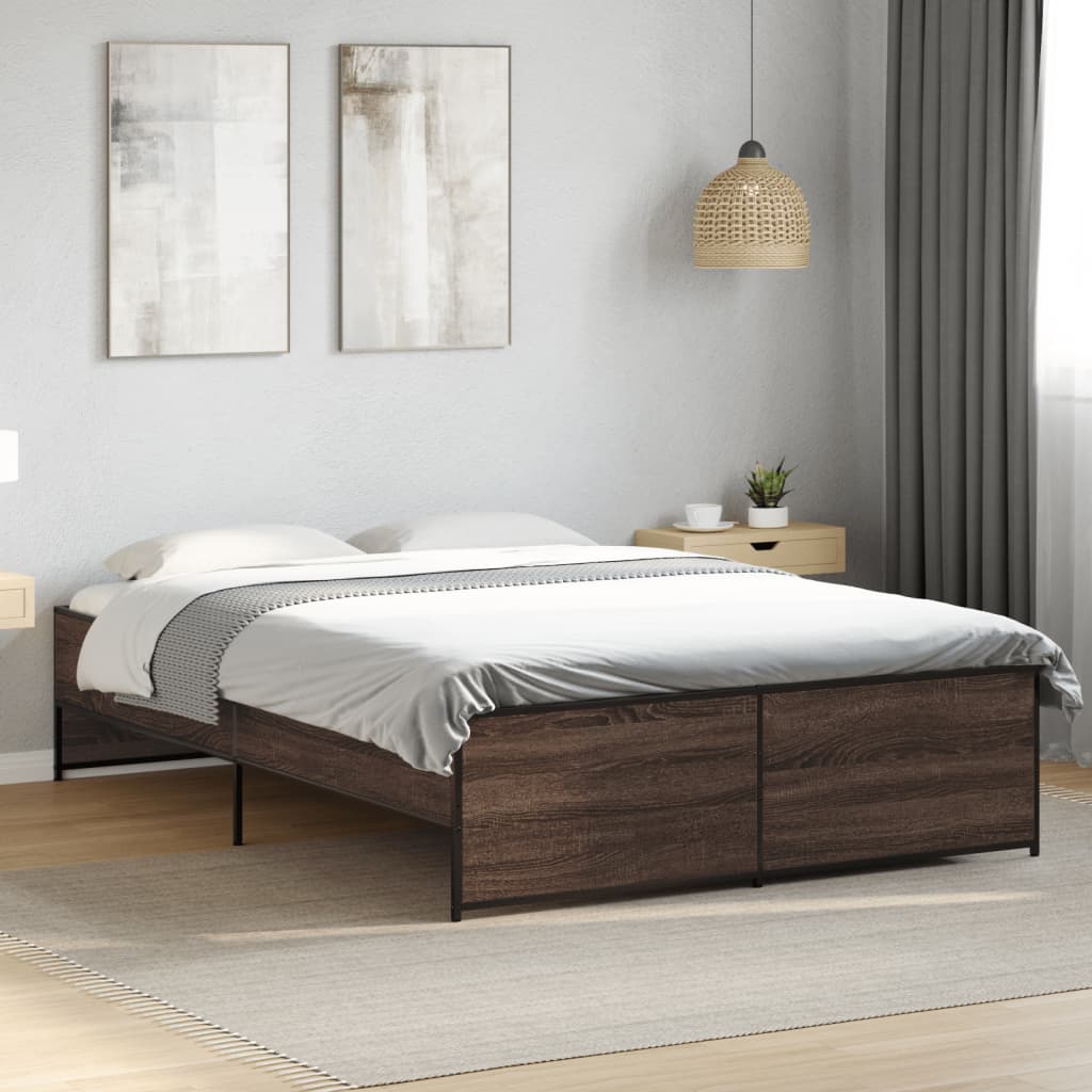 vidaXL Cadre de lit chêne marron 135x190 cm bois d'ingénierie et métal