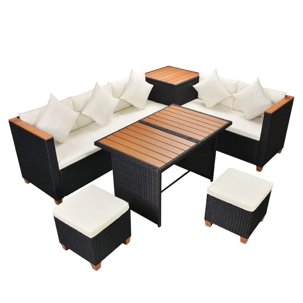 vidaXL Salon de jardin 7 pcs avec coussins Résine tressée Noir