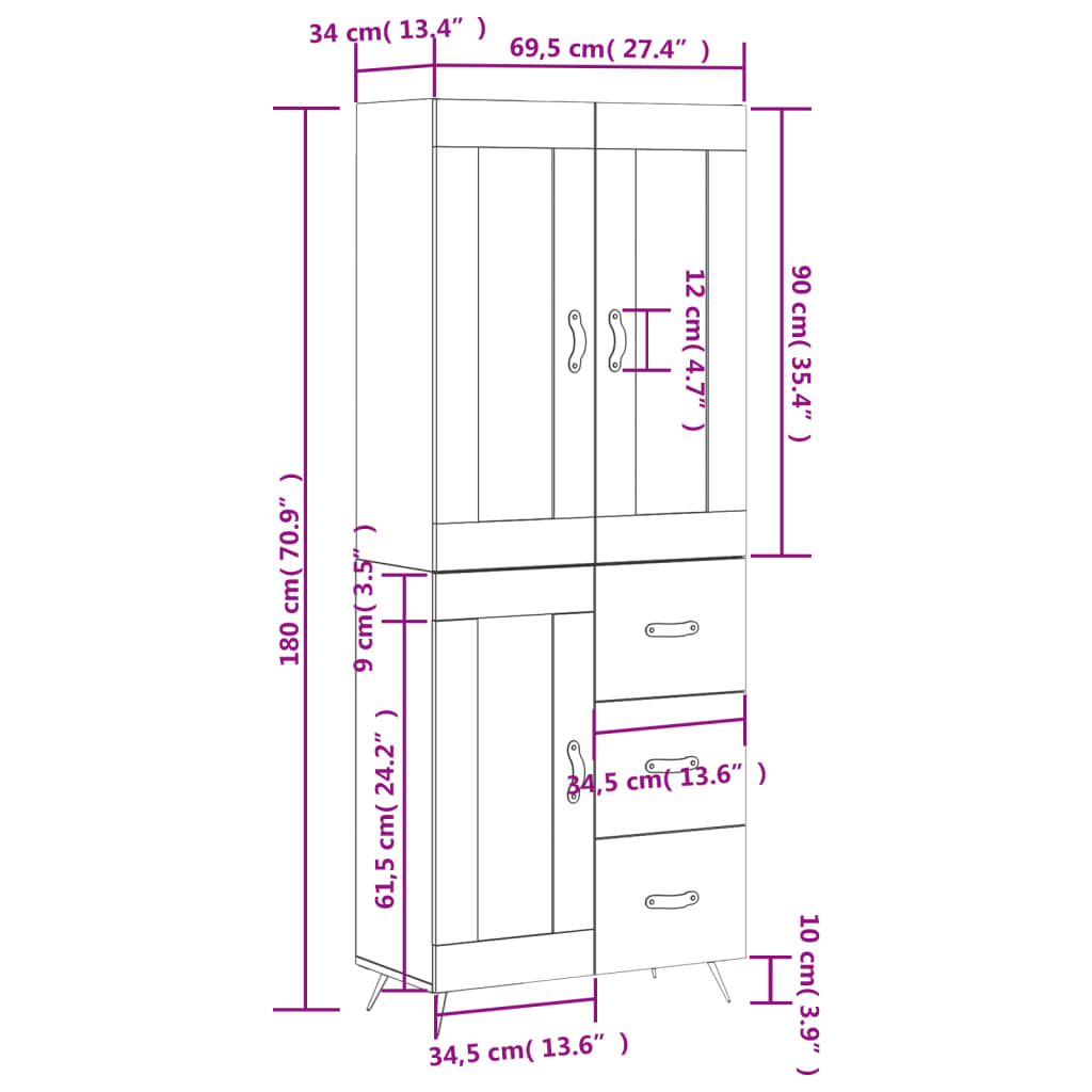 vidaXL Buffet haut Blanc 69,5x34x180 cm Bois d'ingénierie