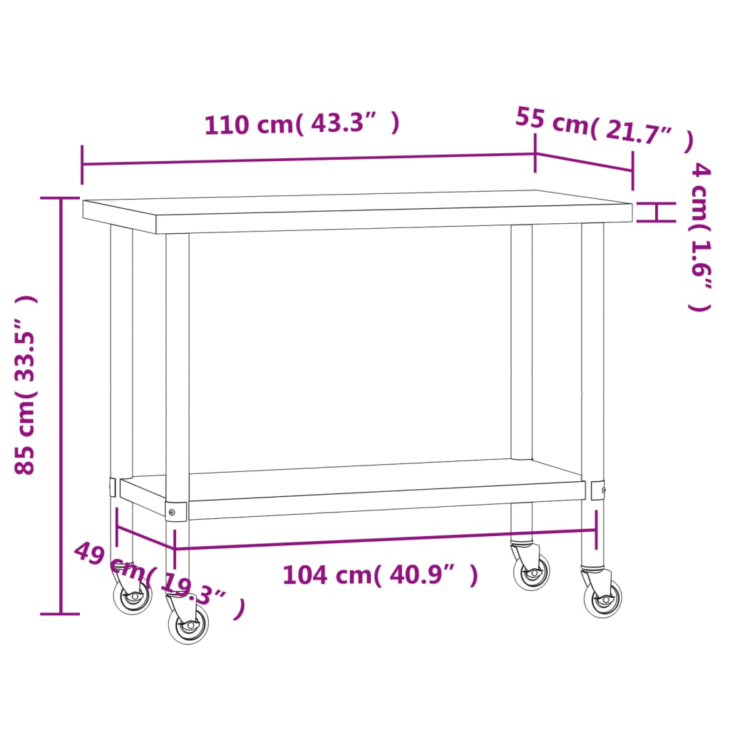 vidaXL Table de travail de cuisine avec roues 110x55x85 cm inox