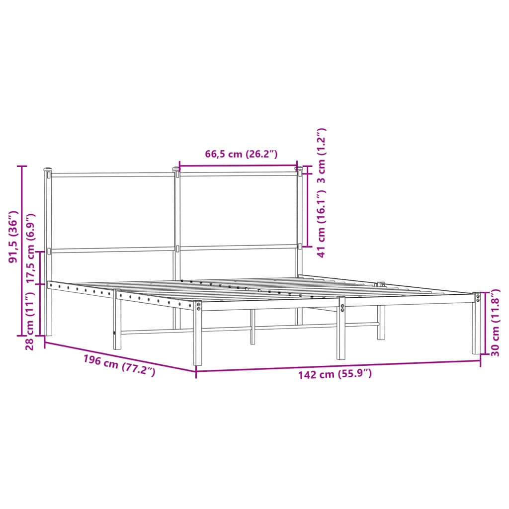 vidaXL Cadre de lit en métal sans matelas chêne fumé 137x190 cm