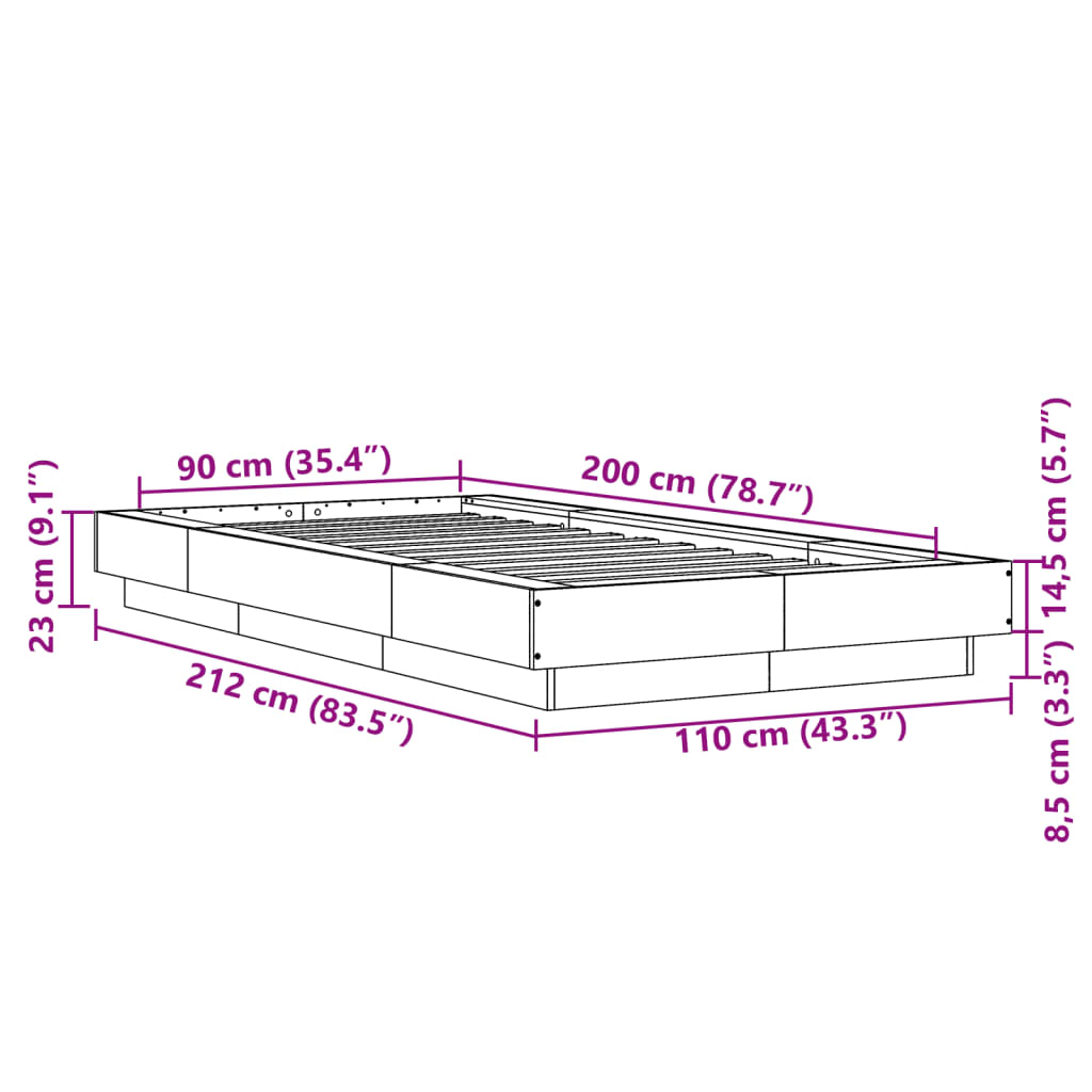 vidaXL Cadre de lit et lumières LED sans matelas sonoma gris 90x200 cm