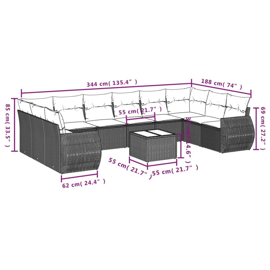 vidaXL Salon de jardin avec coussins 10 pcs gris résine tressée