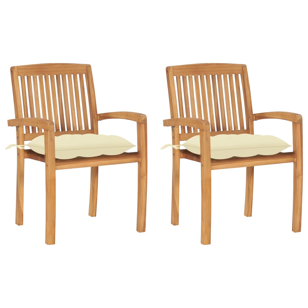 vidaXL Chaises de jardin lot de 2 et coussins blanc crème Bois de teck