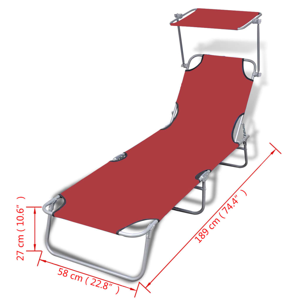 vidaXL Chaise longue pliable avec auvent acier et tissu rouge
