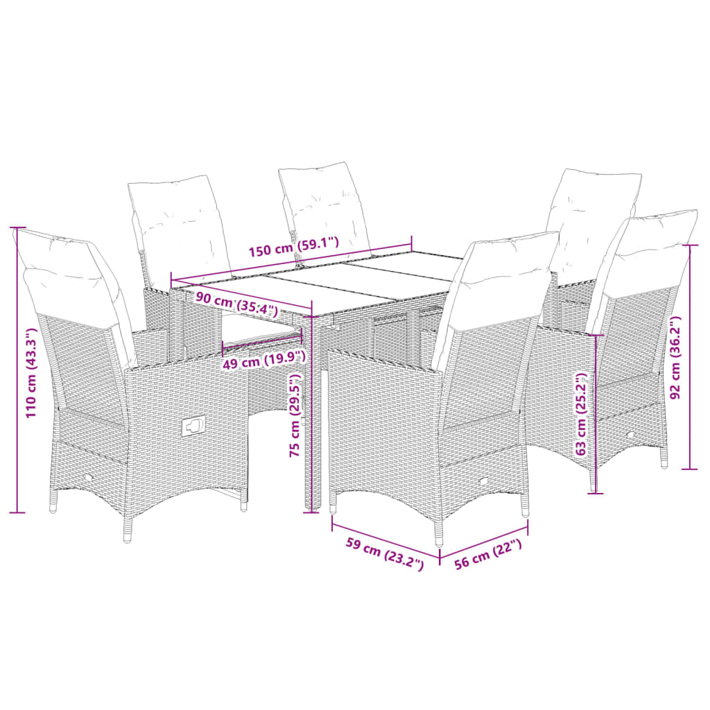 vidaXL Ensemble à manger de jardin et coussins 7 pcs beige poly rotin