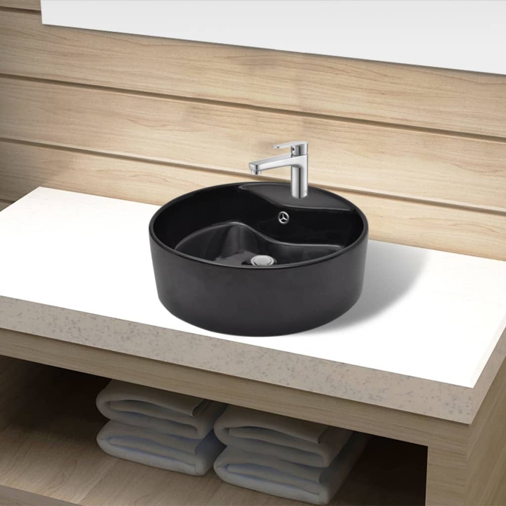 Vasque rond à trou robinet/trop-plein céramique pour salle de bain
